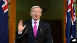 Australia's Prime Minister Kevin Rudd speaks during a press conference at the Parliament House in Canberra, Aug. 4, 2013. 