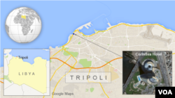 A map showing the Corinthia Hotel, Tripoli, Libya.