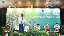 Menteri Koordinator Bidang Kemaritiman dan Investasi, Luhut Binsar Pandjaitan, dalam peluncuran Peta Mangrove Nasional tahun 2021 di TWA Angke Kapuk, Jakarta, Rabu (13/10). (Twitter/KementerianLHK)