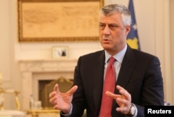 FILE - Kosovo's President Hashim Thaci is pictured in his office in Pristina, Jan. 16, 2017.