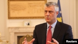 FILE - Kosovo's President Hashim Thaci gives an interview to Reuters in his office in Kosovo's capital, Pristina, Jan. 16, 2017.