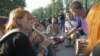 Russian youth opposition protesters, evicted from a protest camp at Chistiye Prudy, at their newly chosen downtown site, Moscow, May 16, 2012.