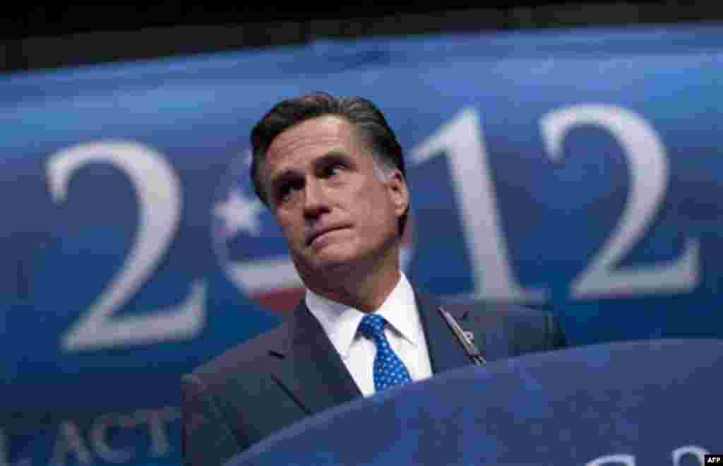 Republican presidential candidate, former Massachusetts Gov. Mitt Romney addresses the Conservative Political Action Conference (CPAC) in Washington, Friday, Feb. 10, 2012. (AP Photo/Evan Vucci)