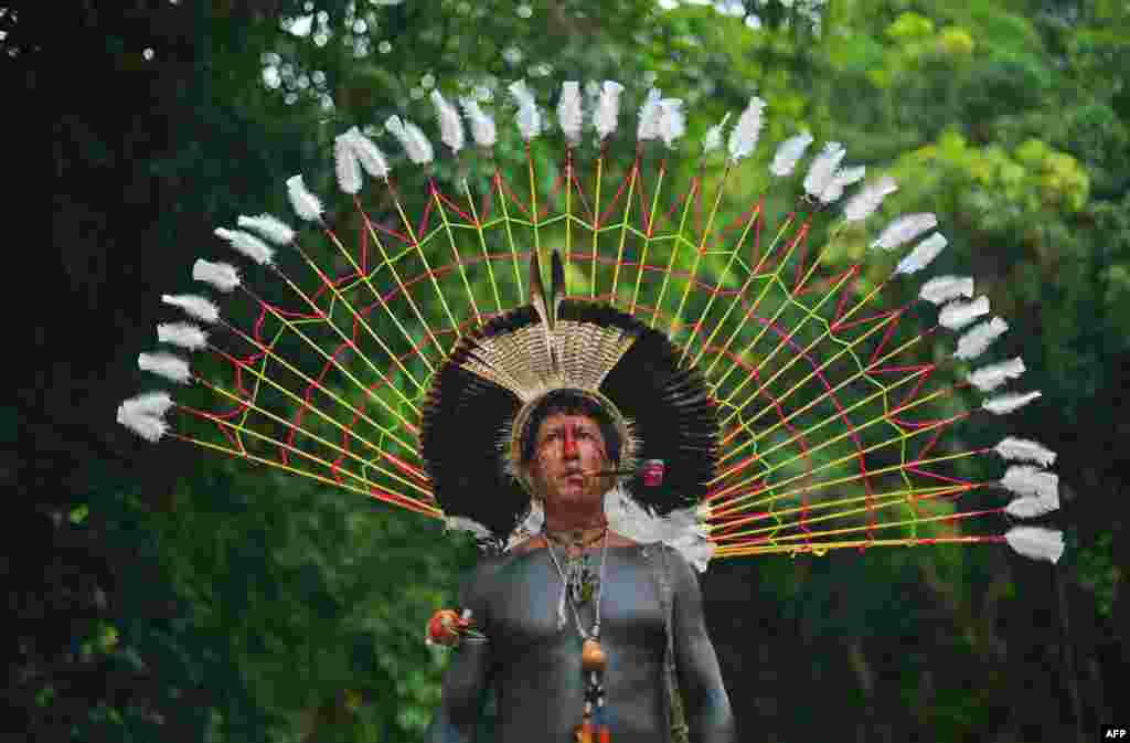 Txoutlaka, of the Fulni-o tribe, poses for a picture in Rio de Janeiro, Brazil.