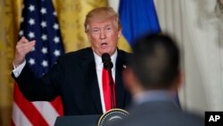 President Donald Trump speaks during a news conference with Swedish Prime Minister Stefan Lofven in the East Room of the White House, March 6, 2018, in Washington. 