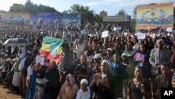 Thousands of people attend a government-supported gathering to protest the recent killing of many Ethiopian Christians in Libya by the Islamic State extremist group, at Meskel Square in Addis Ababa, April 22, 2015. 