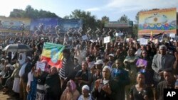 Thousands of people attend a government-supported gathering to protest the recent killing of many Ethiopian Christians in Libya by the Islamic State extremist group, at Meskel Square in Addis Ababa, April 22, 2015. 