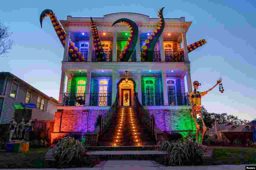 The Kraken house float on Memphis St., in Lakeview, is one of thousands in the New Orleans area decorated in celebration of Mardi Gras in Louisiana, Feb. 7, 2021.