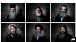 In this combination of photos taken Feb. 11, 2018, men pose for portraits in Jerusalem's Old City.