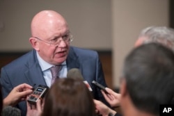 Russia's U.N. Ambassador Vassily Nebenzia speaks to reporters about the situation in North Korea after attending a Security Council meeting, Aug. 9, 2017, at U.N. headquarters.