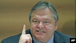 Greek Finance Minister Evangelos Venizelos said there have been no discussion of Greece defaulting on its debts during a news conference in Athens, October 4, 2011.