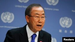 FILE - United Nations Secretary-General Ban Ki-moon speaks during a news conference at the United Nations Headquarters in New York, Sept. 9, 2013.