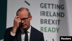 FILE - Irish Foreign Minister Simon Coveney speaks at a workshop at the Convention Center in Dublin, Oct. 25, 2018.