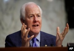 FILE - Senate Majority Whip John Cornyn, R-Texas, speaks on Capitol Hill in Washington.
