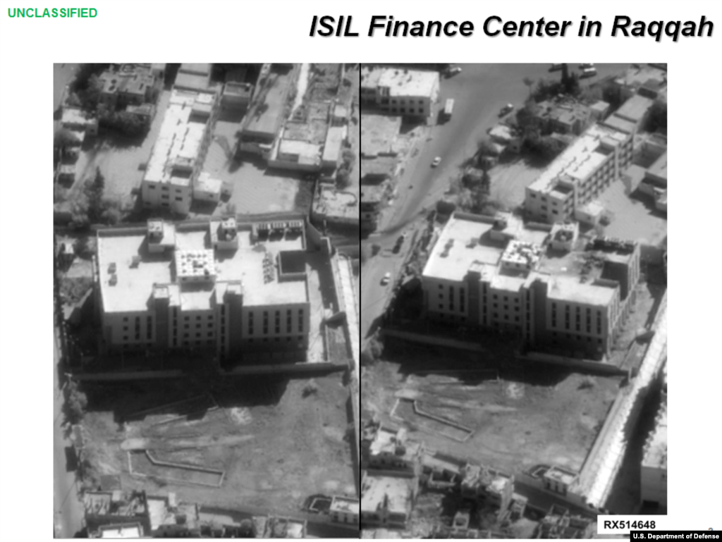 Press briefing slide - Before (on the left) and after airstrike on ISIL Finance Center by coalition forces, Raqqah, Syria, Sept. 23, 2014, (U.S. Central Command Center) 