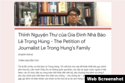 Thỉnh nguyện thư của gia đình nhà hoạt động Lê Trọng Hùng.