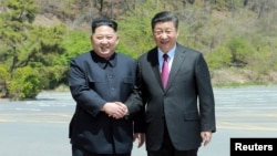 North Korean leader Kim Jong Un shakes hands with China's President Xi Jinping, in Dalian, China in this undated photo released on May 9, 2018 by North Korea's Korean Central News Agency (KCNA).