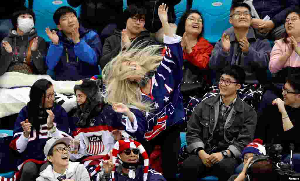 A team U.S. fan dances in the crowd during the ice hockey play-off semi-final game between the U.S. and Italy at the Gangneung Hockey Centre during the Pyeongchang 2018 Winter Paralympic Games in Gangneung, South Korea.