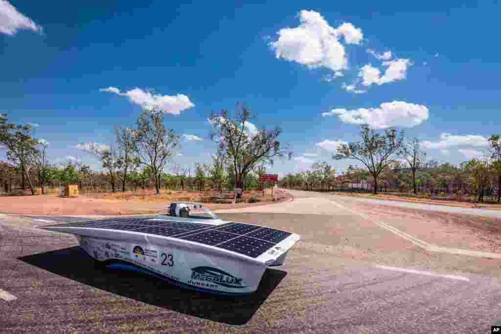 The GAMF Hungary car competes during the first day of the 2015 World Solar Challenge near Katherine, Australia. 45 Solar cars from 25 countries participate in a 3,000 km race from Darwin to Adelaide.