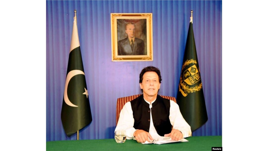 Pakistan's Prime Minister Imran Khan speaks to the nation in his first televised address in Islamabad, Pakistan, Aug. 19, 2018.