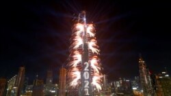 Fireworks explode from the Burj Khalifa, the tallest building in the world, during New Year's Eve celebrations in Dubai
