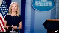FILE - Counselor to the President Kellyanne Conway speaks on television in the Briefing Room at the White House in Washington, May 14, 2018. 
