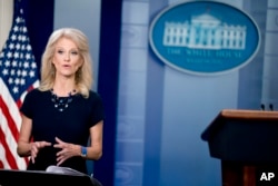 FILE - Counselor to the President Kellyanne Conway speaks on television in the Briefing Room at the White House in Washington, May 14, 2018.