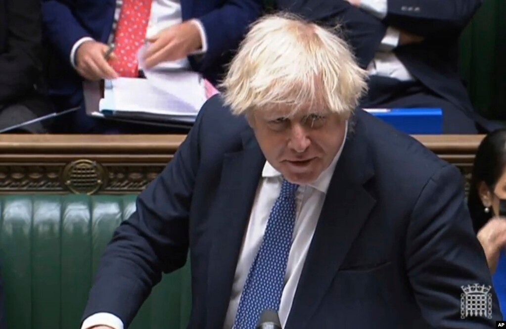 英国首相约翰逊在议会宣布英国实施针对北京冬奥会的外交抵制。（2021年12月8日）(photo:VOA)