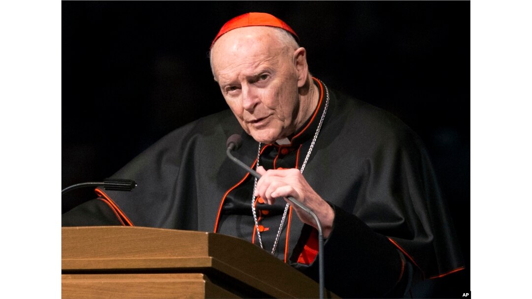 FILE - Cardinal Theodore McCarrick speaks during a memorial service in South Bend, Indiana, March 4, 2015. McCarrick is among figures at the center of the Catholic Church's sex abuse scandal.