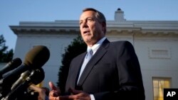 Ketua DPR John Boehner memberikan keterangan kepada media seusai pertemuan dengan Presiden Barack Obama di Gedung Putih (2/10).