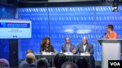 Panelists (L to R): Dr. Menna Demessie, Dr. Sylvester Okere, and Nii Akuetteh with Moderator Ndimyake Mwakalyelye