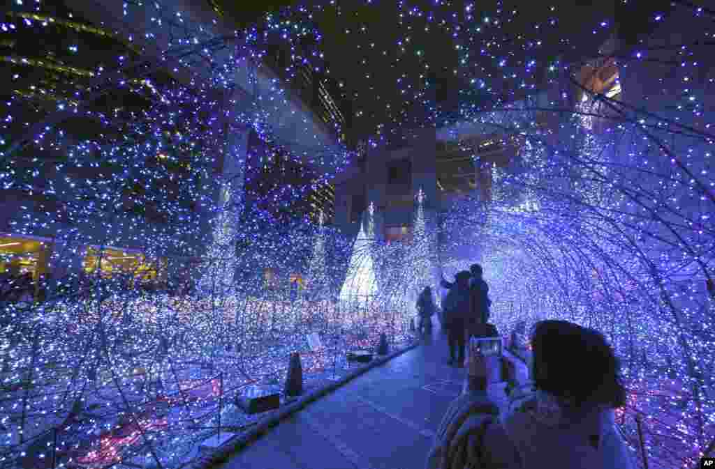 A visitor takes a photo in a tunnel of lights as people admire the seasonal illumination displays "Canyon d'Azur" in Tokyo's Shiodome business district.