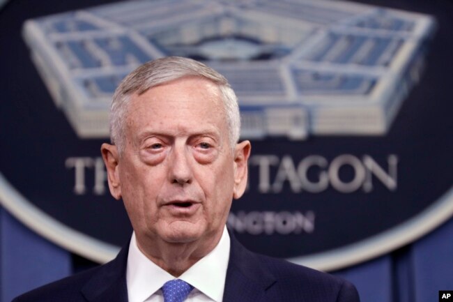 FILE - Defense Secretary Jim Mattis speaks at the Pentagon.