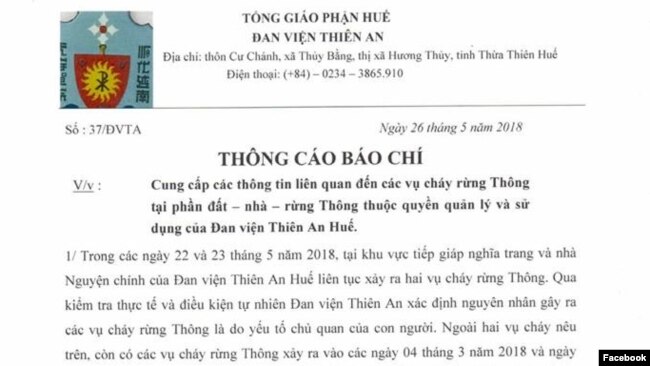 Thông cáo báo chí của đan viện Thiên An về các vụ cháy rừng thông gần đây.