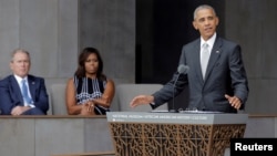Presiden AS Barack Obama berbicara dalam pembukaan Museum Afrika-Amerika di Washington DC, Sabtu (24/9).