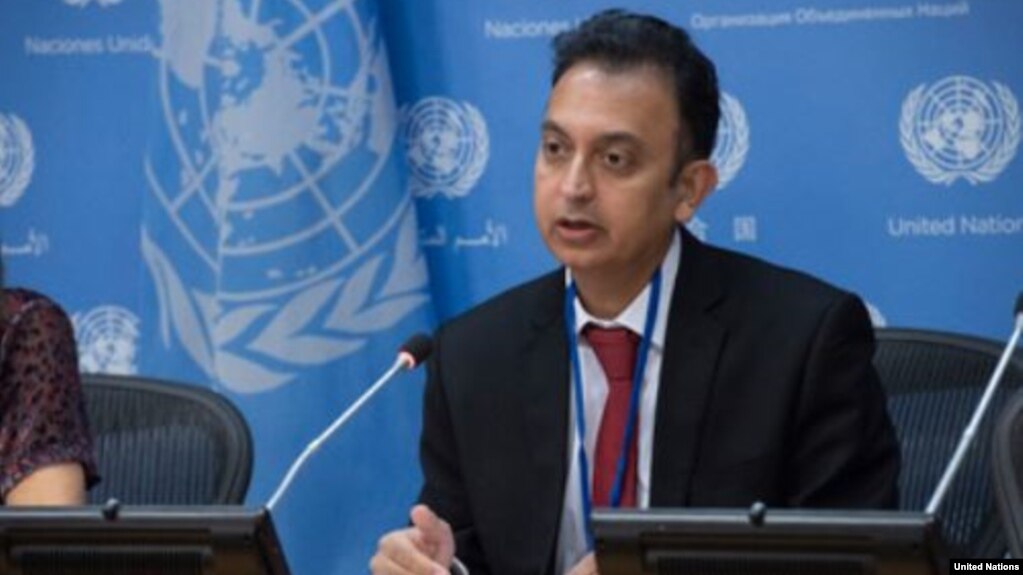 Javaid Rehman, U.N. special rapporteur on human rights in Iran, briefs journalists at U.N. headquarters in New York, Oct. 24, 2018. (E. Schneider/U.N. photo)