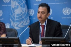 FILE - Javaid Rehman, U.N. special rapporteur on human rights in Iran, briefs journalists at U.N. headquarters in New York, Oct. 24, 2018.