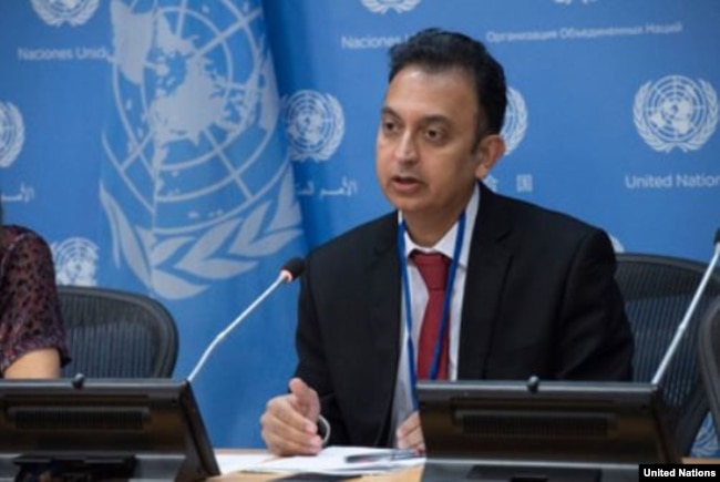 FILE - Javaid Rehman, U.N. special rapporteur on human rights in Iran, briefs journalists at U.N. headquarters in New York, Oct. 24, 2018.