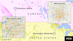 Map showing locations of West Edmonton Mall in Edmonton, Alberta, and Mall of America in Bloomington, Minnesota