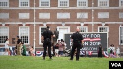 Polices patrol at the center of the Independence Hall, the historic place in Philadelphia, Pennsylvania. July, 27 2016.