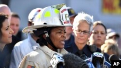 Oakland Fire Chief Teresa Deloach-Reed speaks to members of the media after a deadly fire tore through a warehouse during a late-night electronic music party in Oakland, California, Dec. 3, 2016.