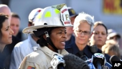 Oakland Fire Chief Teresa Deloach-Reed speaks to members of the media after a deadly fire tore through a warehouse during a late-night electronic music party in Oakland, California, Dec. 3, 2016.