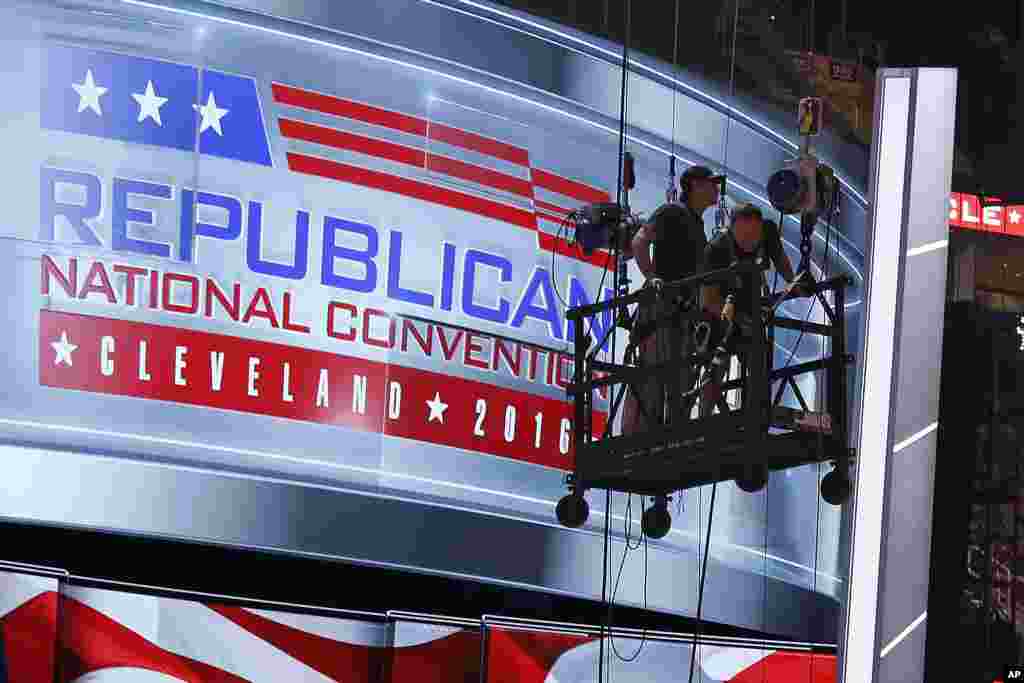 The main stage on the convention floor at the Quicken Loans Arena in downtown Cleveland, Ohio, is prepared for the upcoming Republican National Convention, July 13, 2016.