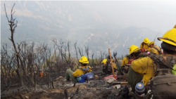 Para pemadam kebakaran beristirahat di tanah gunung yang curam (dok: Yulfiano)