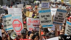 Demonstrators in South Africa in 2011 protest a measure to restrict informational freedom.