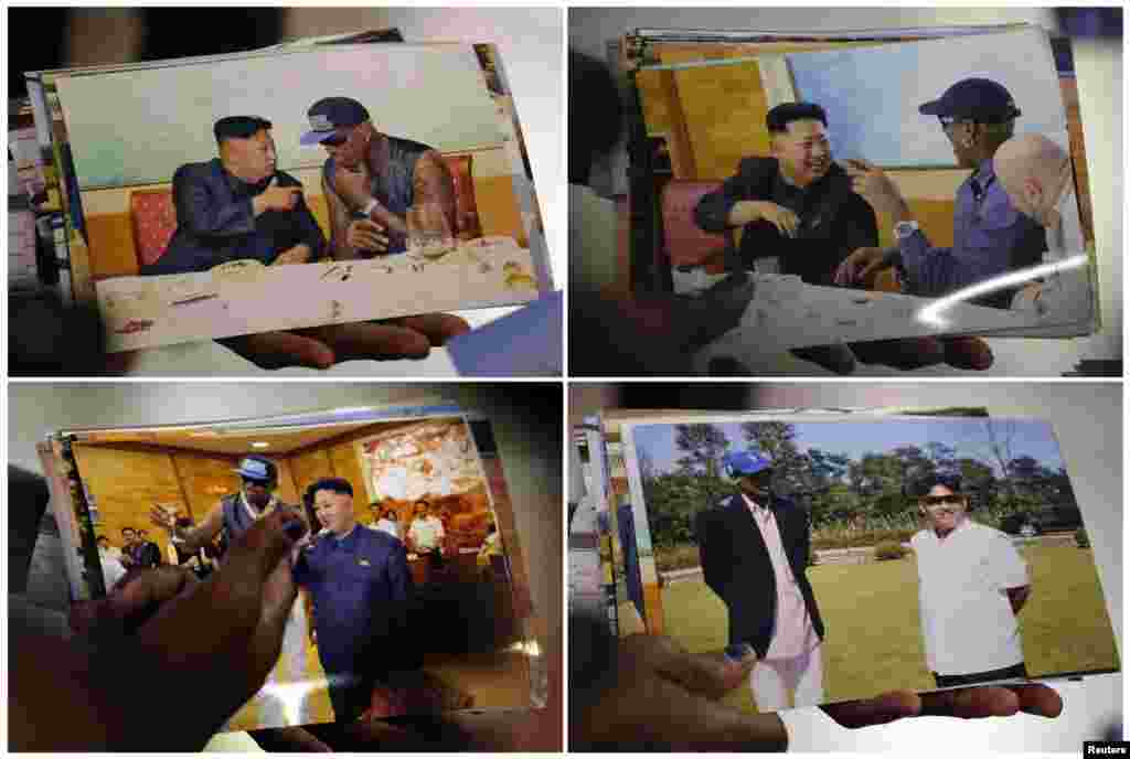 Dennis Rodman shows pictures he took with North Korean leader Kim Jong-un to the media upon arrival in Beijing, in this combination picture of frames shot Sept. 7, 2013. 