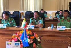 Senior General Min Aung Hlaing, Commander-in-Chief of Tatmadaw (Myanmar Armed Forces), addresses members of the United Nations Security Council at Bayint Naung villa in Naypyidaw, Myanmar, April 30, 2018. REUTERS/Kevin Fogarty