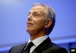 FILE - Former British Prime Minister Tony Blair speaks on religion and geopolitics at the 9/11 Memorial Museum in New York, Oct.6, 2015.