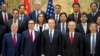 (L) U.S. Ambassador to China Terry Branstad, U.S. Treasury Secretary Steven Mnuchin, U.S. Trade Representative Robert Lighthizer, Chinese Vice PM Liu He, and People's Bank of China Governor Yi Gang pose for a group photo at the Diaoyutai State Guesthouse in Beijing, Feb. 15, 2019