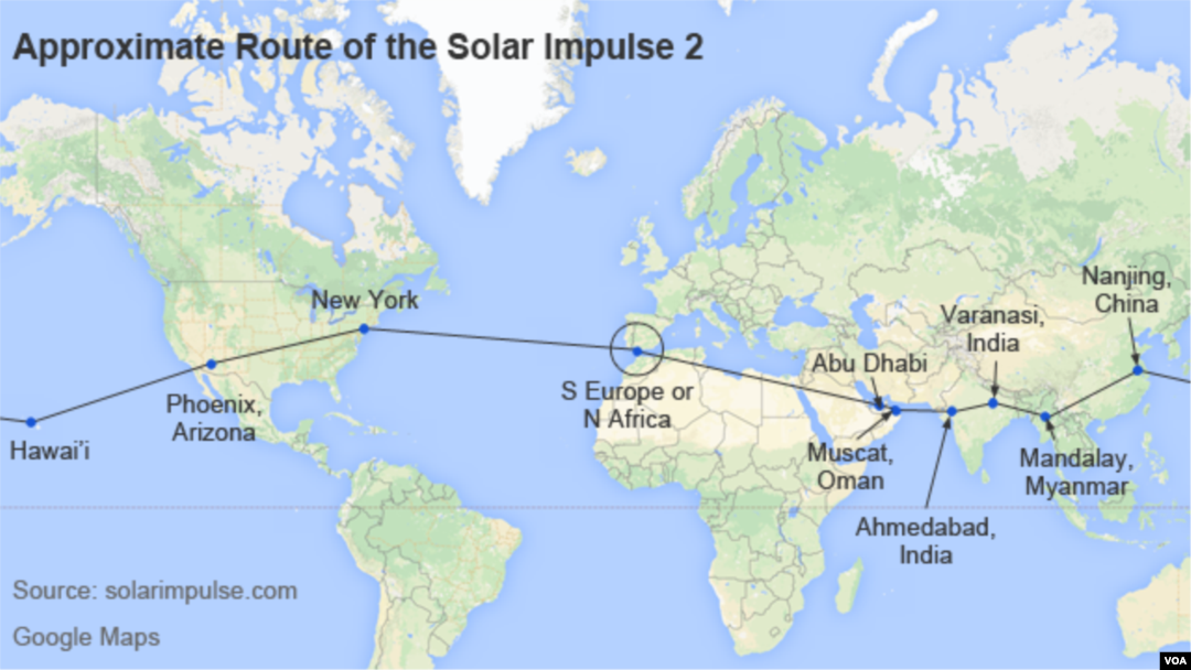 Map showing approximate route of the Solar Impulse 2